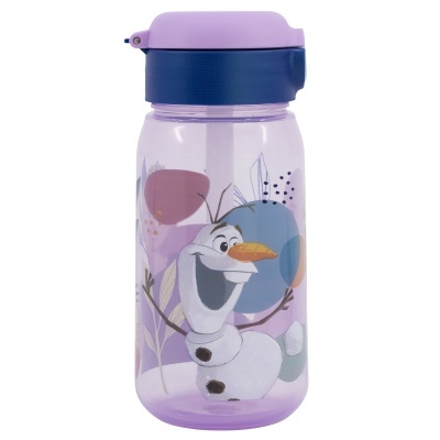 Garrafa de plástico lilás com tampa e desenho do personagem Olaf do Frozen
