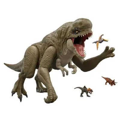 Figuras de dinossauros de plástico incluindo tiranossauro castanho grande e pequenos dinossauros coloridos
