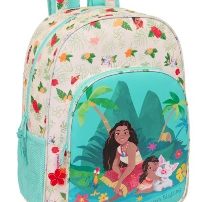 Mochila com padrão floral e imagem de personagens tropicais coloridas