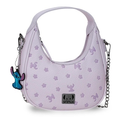Mala de mão lilás com padrão de Stitch e flores e chaveiro do Stitch