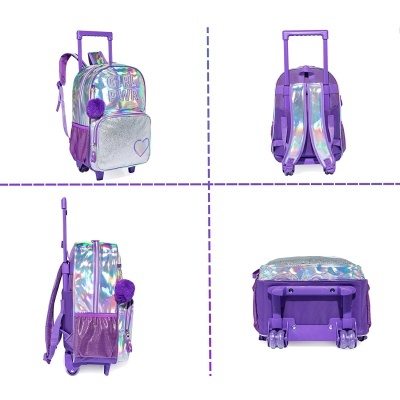 Mochila com carrinho lilás e prata holográfica com texto GIRL POWER e pompom roxo