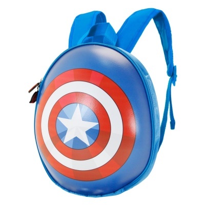 Mochila azul com escudo do Capitão América em relevo