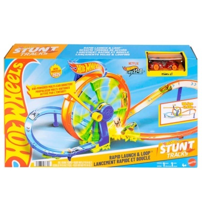 Jogo Hot Wheels Stunt Tracks com pista de lançamento rápido e loop e carrinho vermelho.