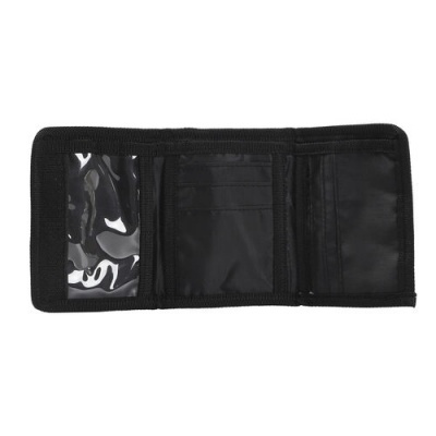Carteira preta em tecido sintético com compartimentos e janela transparente