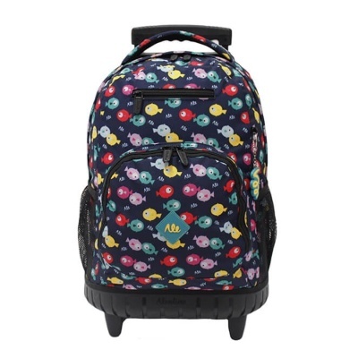 Mochila de rodas azul escuro com padrão colorido de peixes e logótipo Ale