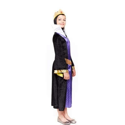 Fato infantil de bruxa com vestido preto e roxo, capuz e coroa