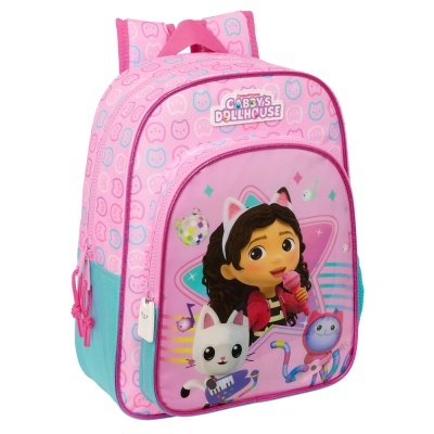 Mochila infantil rosa com personagens desenhos animados da série Gabby's Dollhouse.