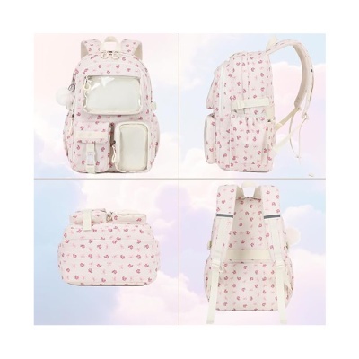 Mochila rosa floral vista de vários ângulos