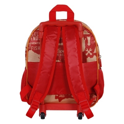 Mochila vermelha e bege com rodinhas e alças acolchoadas