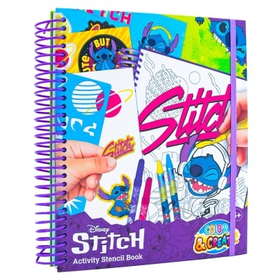 Livro de atividades Disney Stitch com espiral roxa e canetas coloridas