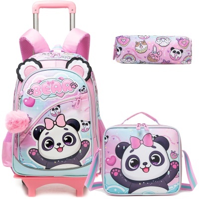 Conjunto infantil rosa com mochila, estojo e lancheira com estampa de panda