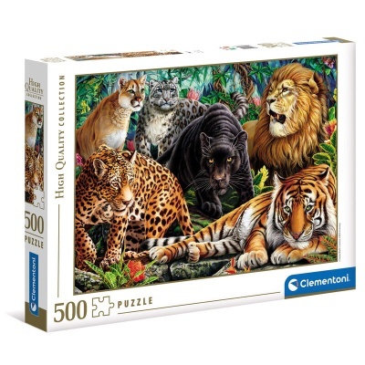 Caixa de puzzle Clementoni 500 peças com imagem de cinco grandes felinos na natureza.