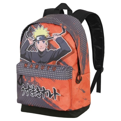 Mochila laranja e cinza com estampa do personagem Naruto e texto NARUTO.