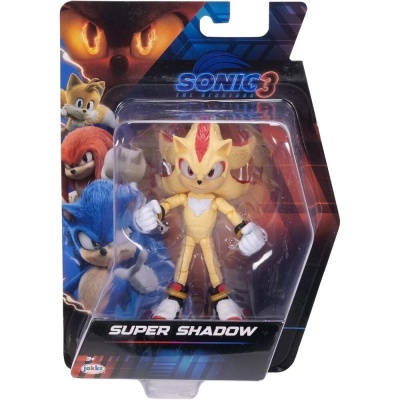 Figura Super Shadow Sonic 3 em embalagem blister com personagens ao fundo