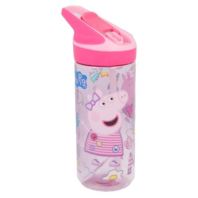 Garrafa de plástico transparente com tampa rosa e decoração Peppa Pig