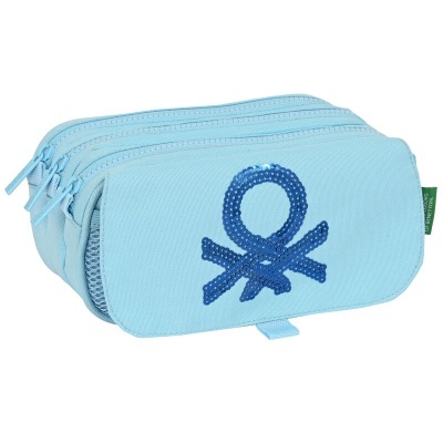 Estojo azul claro com três fechos de correr e logotipo azul escuro