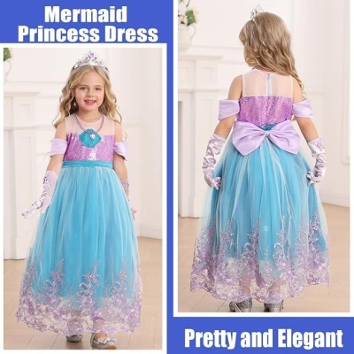 Vestido de princesa azul e lilás para menina com acessórios.