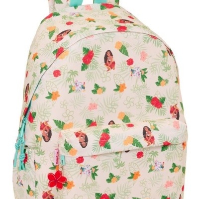 Mochila branca com padrão floral e figuras femininas coloridas