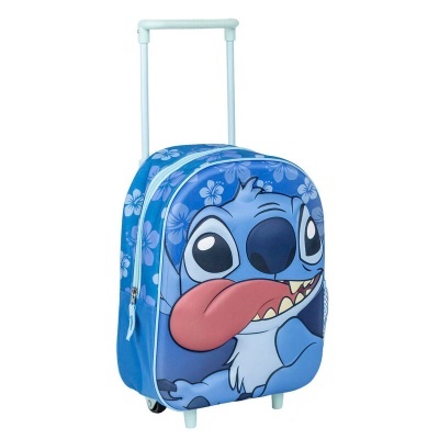 Mala de viagem infantil azul com estampa do personagem Stitch e flores