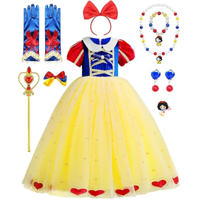 Conjunto de fantasia infantil de princesa com vestido amarelo, luvas azuis e acessórios coloridos