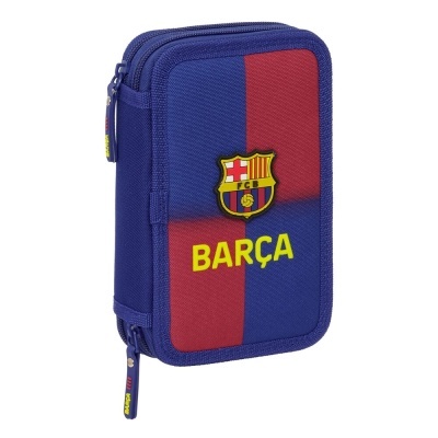 Estojo escolar azul e vermelho com emblema do FC Barcelona e palavra BARÇA