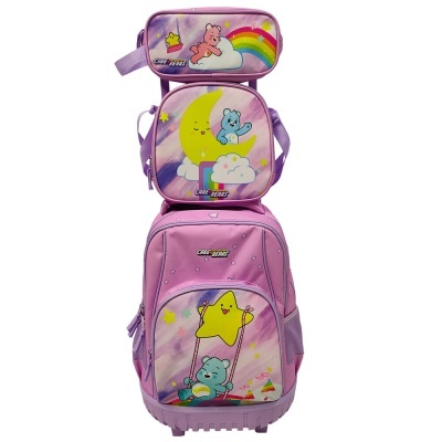 Mochila escolar rosa com desenhos de ursos, estrelas e arco-íris