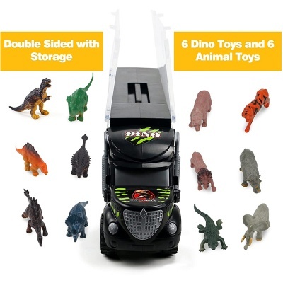 Camiao de brinquedo preto DINOTRUX com doze brinquedos de dinossauros e animais