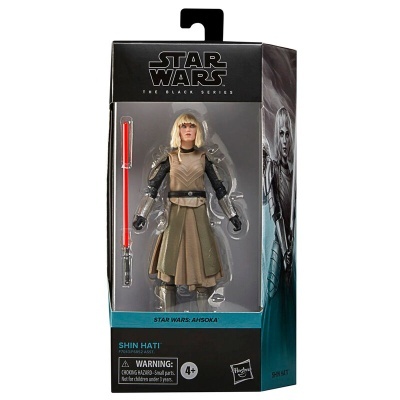 Figura de ação Star Wars Ahsoka com sabre de luz vermelho na embalagem