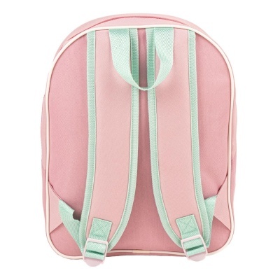 Mochila infantil rosa com alças verdes e detalhes brancos