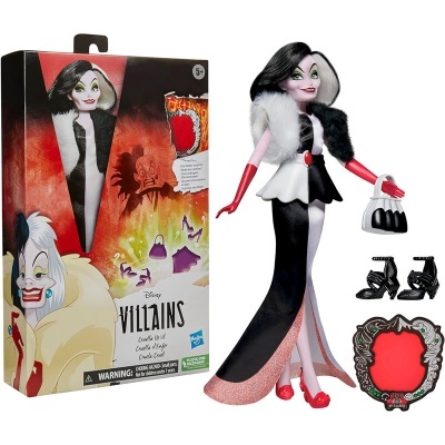Boneca Cruella de Vil com vestido preto e branco, acessórios e embalagem colorida Disney Villains.