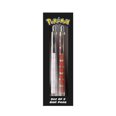Conjunto de 2 canetas de bola Pokémon em caixa preta com padrões e logotipo