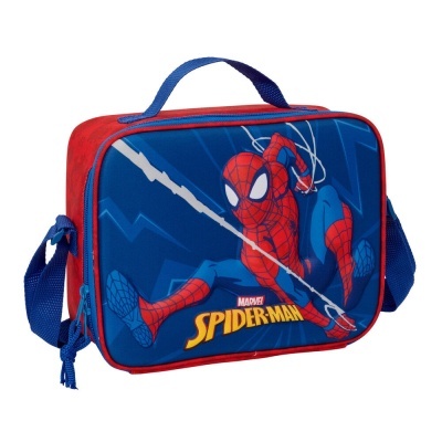 Mala infantil azul e vermelha com imagem do Spider-Man cartoon