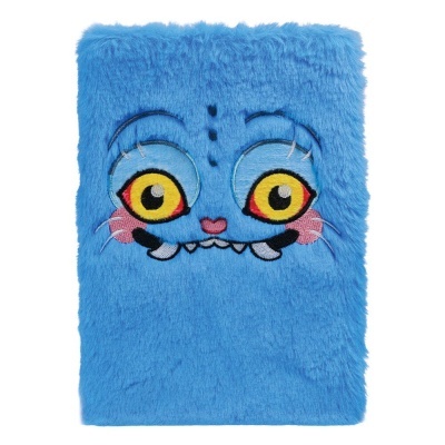 Caderno com capa azul peluda e rosto de monstro bordado