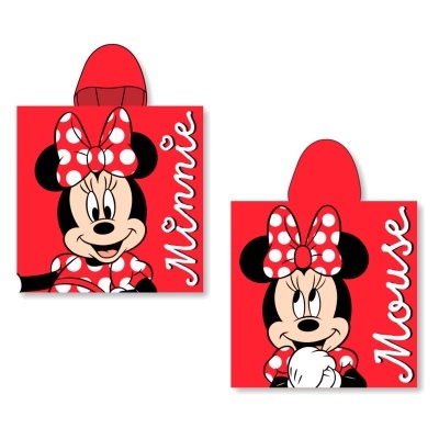 Dois ponchos vermelhos infantis com imagens da Minnie Mouse e texto Minnie e Mouse