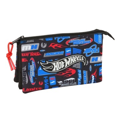 Estojo escolar preto com estampados Hot Wheels em azul, vermelho e branco