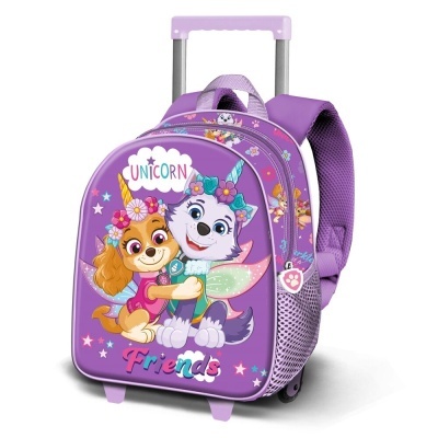 Mochila de rodas infantil roxa com personagens de desenho animado e texto UNICORN FRIENDS