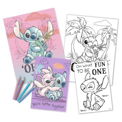 Folhas para colorir do Stitch com lápis de cor e frases em inglês
