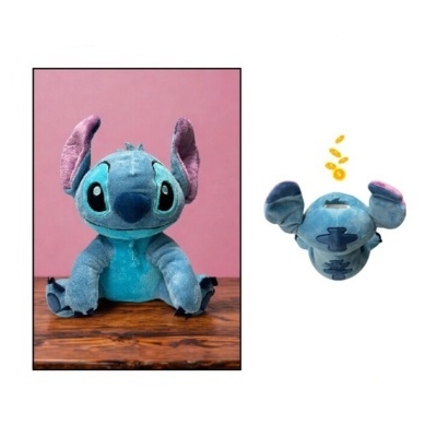 Cofre peluche Stitch azul com moedas a cair