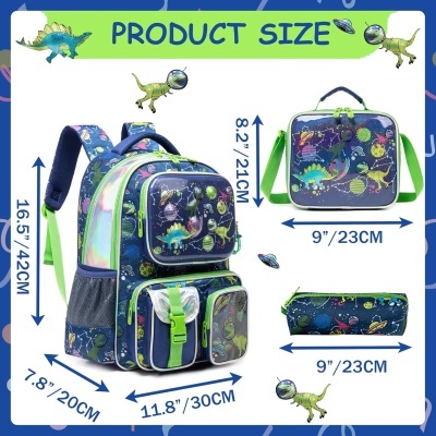 Conjunto escolar com mochila, lancheira e estojo com tema de dinossauros azul e verde
