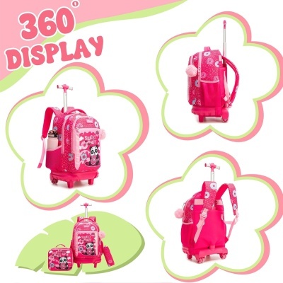 Mochila rosa giratória com impressão de panda e frases SWEET DONUT, lancheira e estojo combinando
