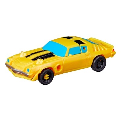 Carrinho de brinquedo amarelo com janelas azuis e detalhes em preto