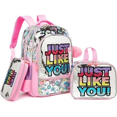 Conjunto mochila, estojo e saco térmico rosa e prateado com texto colorido