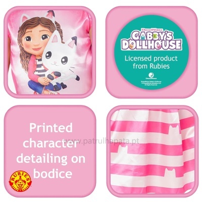 Conjunto de roupa infantil rosa com personagem Gabby's Dollhouse e padrão de riscas brancas e gatos
