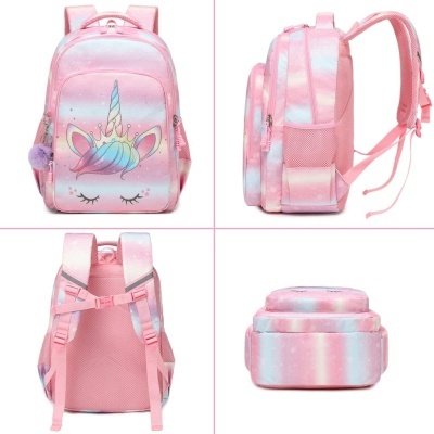Mochila infantil rosa com desenho de unicórnio e fechos de correr prateados