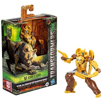 Brinquedo Transformers Cheetor amarelo e castanho com embalagem ilustrada.