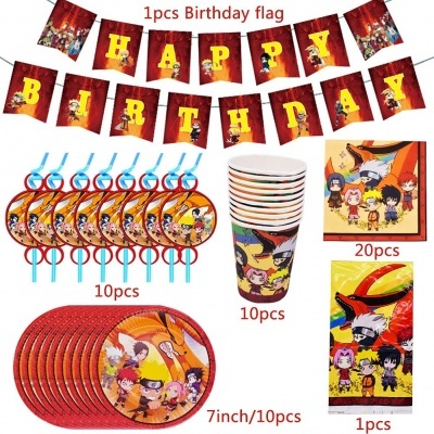 Conjunto de festa de aniversário com tema anime, incluindo bandeirola, pratos, copos, palhinhas e guardanapos coloridos.