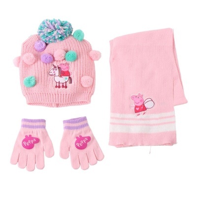 Conjunto infantil cor-de-rosa com gorro, cachecol e luvas da personagem Peppa Pig