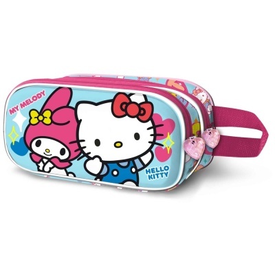 Estojo escolar My Melody e Hello Kitty com fechos em forma de corações cor-de-rosa