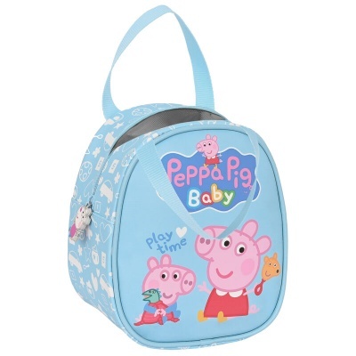 Mochila azul clara com personagens Peppa Pig e texto colorido