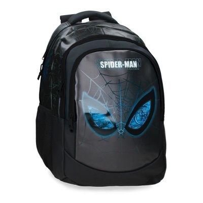 Mochila preta Spider-Man com padrão de teia e olhos azuis